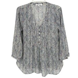 Rose + Olive Floral Print Sheer V Neck Button Front Blouse M Cottage Boho